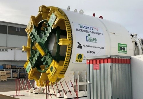 Large Tunnel Boring Machine showing an angled view of the machine shield and cutter head